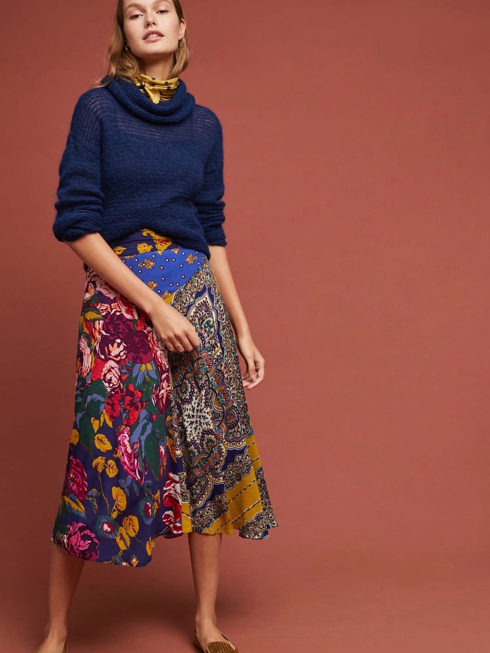 Anthropologie Navy Floral & Paisley Midi Skirt